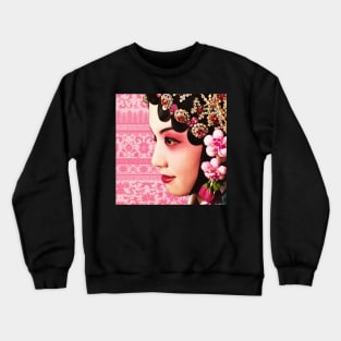 Chinese Opera Star with Blush Pink Traditional Floral Pattern- Hong Kong Retro Crewneck Sweatshirt